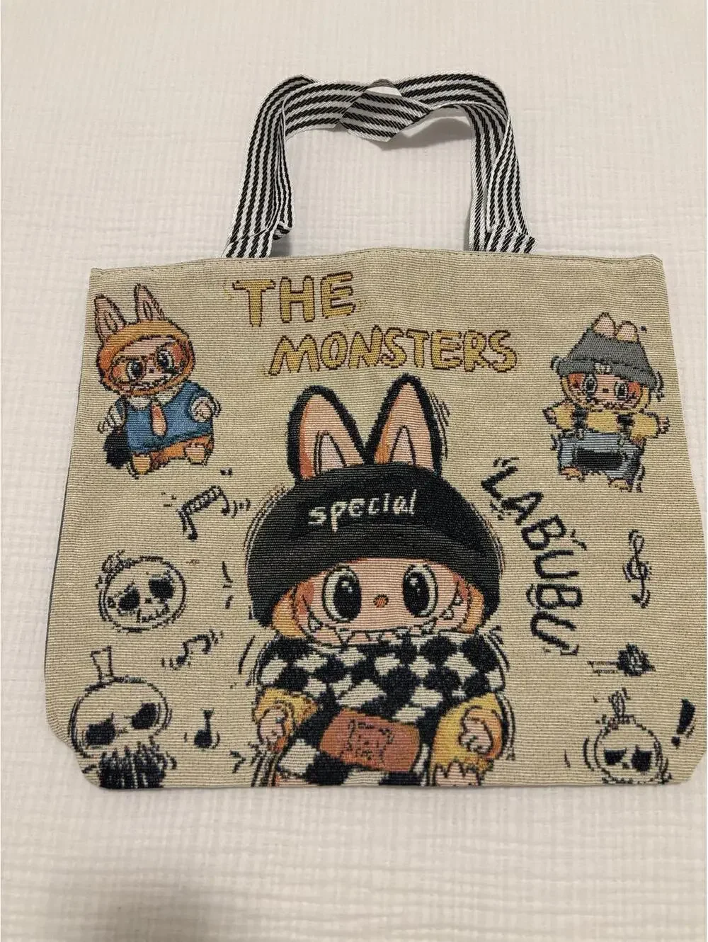 Cute Labubu Cartoon Print Tote Bag with Zipper Closure